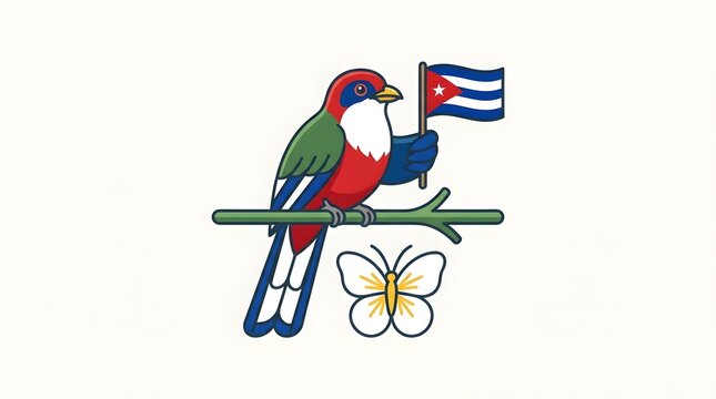 Colorful Trogon Bird Holding Cuban Flag and Butterfly Silhouette on Branch Isolated