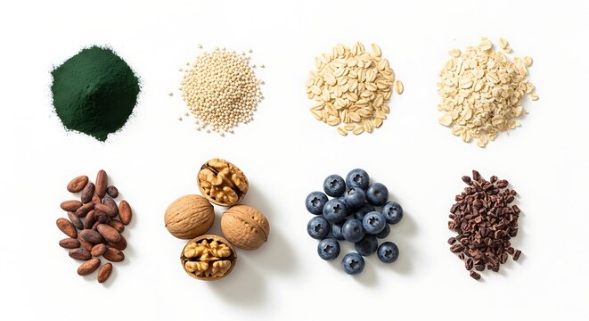 Top view of healthy superfood ingredients including spirulina powder, quinoa, rolled oats, cacao beans, walnuts, blueberries and cacao nibs isolated on white background