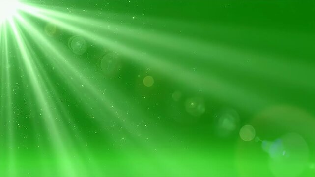 A vibrant green background features bright, radiating light streaks and bokeh effects, creating a dynamic and visually appealing abstract design.