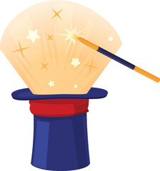 Naklejka premium Magic hat with wand and sparkle ray lights., vector cartoon wizard illusionist black cylinder for focus trick