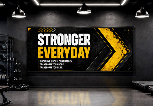Horizontal Billboard Mockup on Black Gym Wall with Motivational Fitness Poster Design