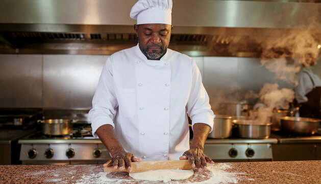 Professional African American chef kneading dough in a commercial kitchen