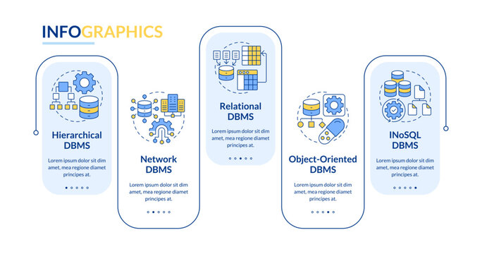 Types of dbms rectangle infographic vector. Documentation management, it infrastructure. Data visualization with 5 steps. Editable rectangular options chart. Lato-Bold, Regular fonts used