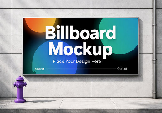 Horizontal Outdoor Billboard Mockup on Concrete Wall with Purple Fire Hydrant on City Street