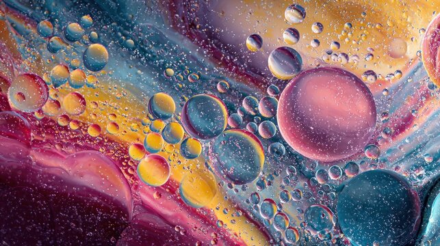 Abstract colorful liquid art with bubbles and vibrant oil paint effect