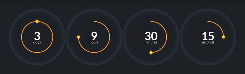 Orbit minimal countdown timer set on dark background. Sale promotion. Deal. Circle progress bars isolated. Days, hours, minutes, seconds stopwatch. Remaining time. Modern UI graphic collection © IMG visuals icons