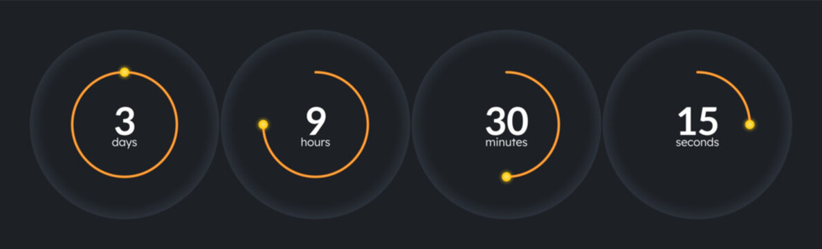 Orbit minimal countdown timer set on dark background. Sale promotion. Deal. Circle progress bars isolated. Days, hours, minutes, seconds stopwatch. Remaining time. Modern UI graphic collection