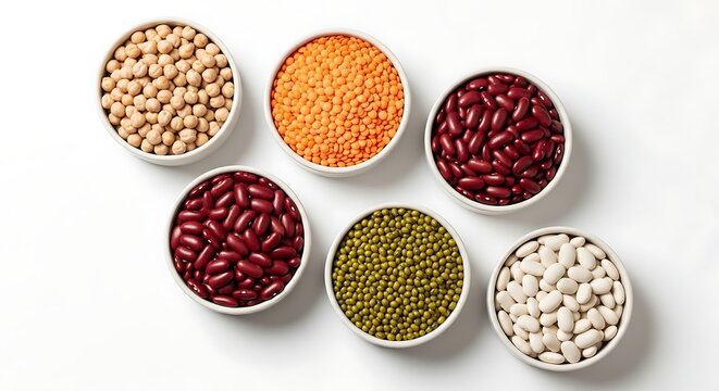 Top view of various types of raw legumes in small bowls, including chickpeas, red lentils, kidney beans, mung beans, and cannellini beans, isolated on white background