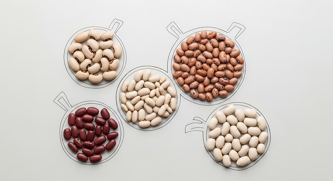 Top view of five handdrawn pots filled with different varieties of raw dry beans, including blackeyed peas, pinto beans, red kidney beans, and white navy beans on a white background