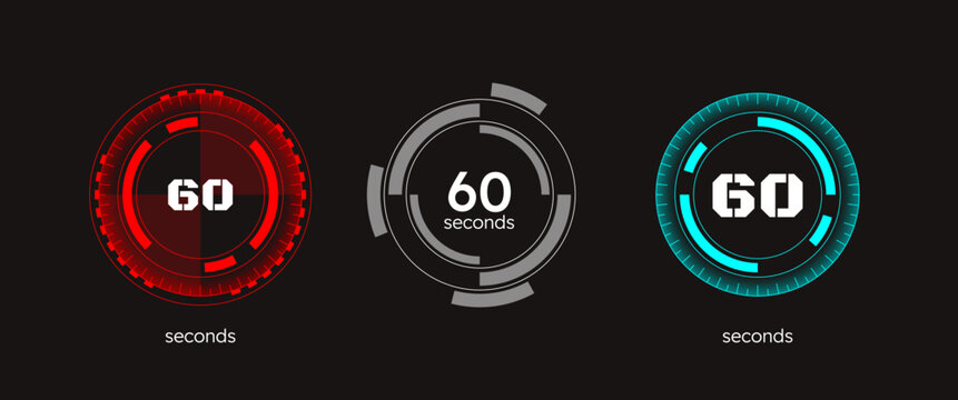 Futuristic HUD countdown timer set on dark background. Process monitoring. Precise time measurement. Circle progress bars isolated. Seconds stopwatch. Remaining time. Modern UI graphic collection