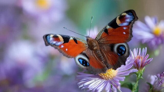 Peacock butterfly on aster blossom, close up colorful nature scene outdoors in bavaria, germany
