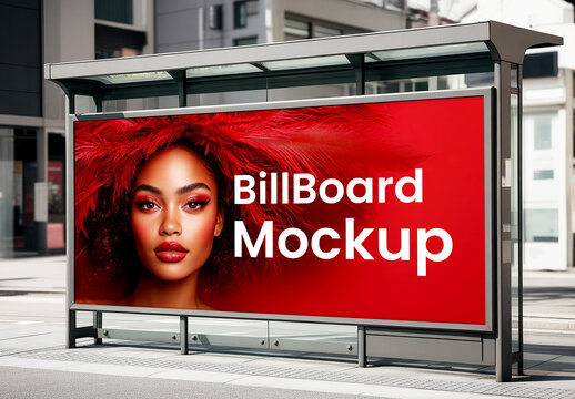 Large Horizontal Billboard Mockup at Modern Bus Stop Shelter with Fashion Model Design