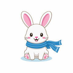Obraz premium Cute cartoon white rabbit wearing a blue scarf