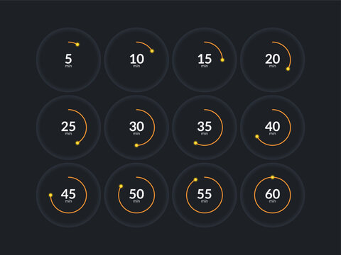 Orbit minimal countdown timer set on dark background. Sale promotion. Shopping deal period. Circle progress bars isolated. Minutes stopwatch. Remaining time. Modern UI graphic collection