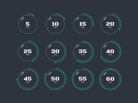 Glassmorphism blob countdown timer set on dark background. Blue neon line and glossy glass. Circle progress bars isolated. Minutes stopwatch. Remaining time. Modern UI graphic collection