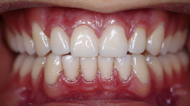 Close Up Human Teeth with Upper Incisors Slightly Overlapping Lower Teeth Healthy Pink Gums Dental Alignment Oral Health
