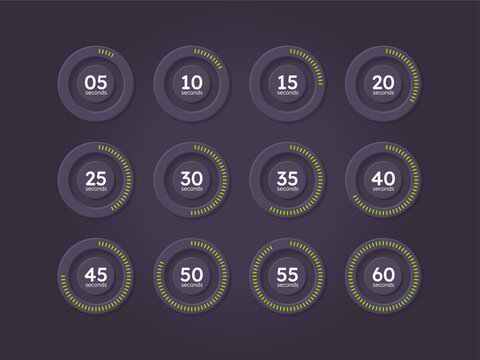Time management countdown timer set on dark background. Green dotted line. Neumorphism effect. Circle progress bars isolated. Seconds stopwatch. Remaining time. Modern UI graphic collection