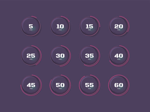 Glass glossy translucent countdown timer set on dark background. Pink dotted line. Business deadline. Circle progress bars isolated. Minutes stopwatch. Remaining time. Modern UI graphic collection
