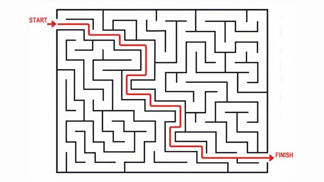 A simple maze illustration showing a red path from the START to the FINISH, with intricate black lines creating the maze structure.
