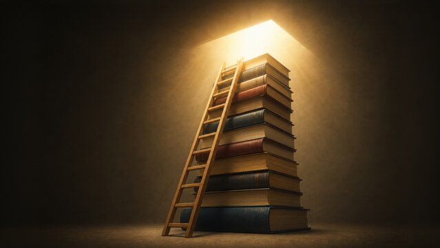 A ladder leans against a towering stack of books, illuminated by a beam of light from above, symbolizing knowledge and aspiration.