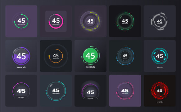 Versatile style countdown timer set on dark background. Tasks finishing control. Update performance. Circle progress bars isolated. Seconds stopwatch. Remaining time. Modern UI graphic collection