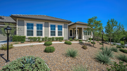 Fototapeta premium Contemporary single story house with drought resistant landscaping and gravel yard