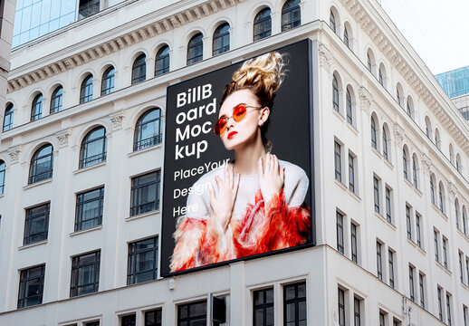 Large Outdoor Billboard Mockup on White Classic Building Corner with Fashion Model Advertisement