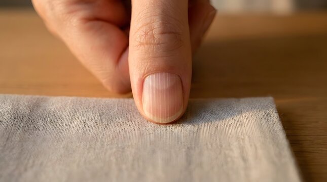 Close-up of a human thumb with visible vertical ridges on the nail pressing down on a textured fabric