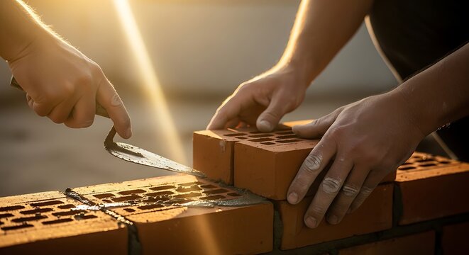 Masons building a red brick wall with trowel and mortar at sunset