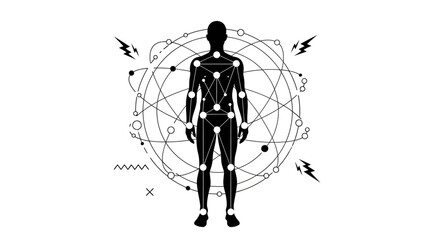 A person stands surrounded by geometric shapes and symbols in a graphic illustration. © Hussnain