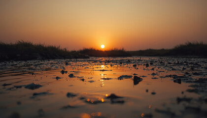 Naklejka premium Golden sunset reflection on shallow marsh water with scattered leaves and calm horizon