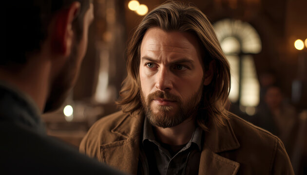 Rugged bearded man with long hair in warm cinematic bar lighting expressing intensity
