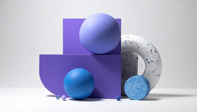 Abstract composition featuring geometric shapes with spheres and terrazzo elements in shades of purple and blue for modern product display.
