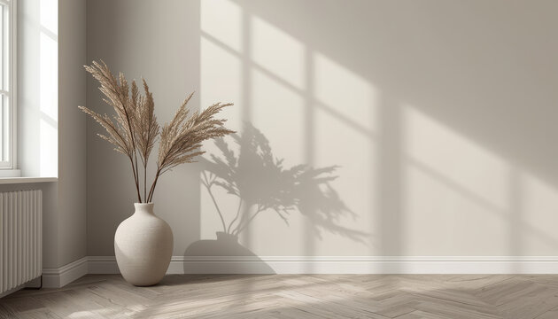 Minimalist interior with pampas grass in ceramic vase casting soft shadow