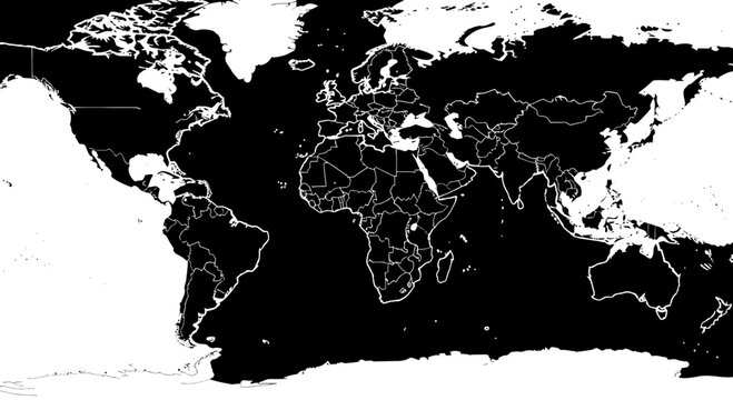 Global Map Silhouette, World Outline, Continents and Countries, Black and White