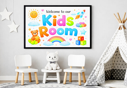 Horizontal Poster Frame Mockup in Kids Bedroom with Colorful Welcome to Our Kids Room Design