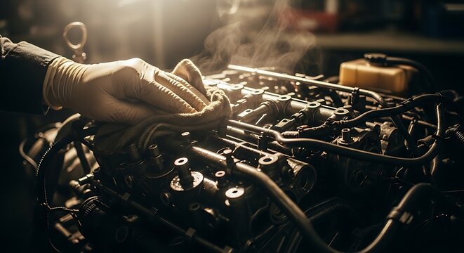 Mechanic cleaning hot steaming car engine in automotive repair shop