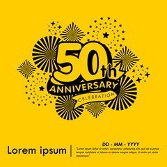 Naklejka premium 50th years anniversary celebration emblem logo isolated with ribbon, stars fireworks, sparkler on yellow background. vector illustration template design for web 