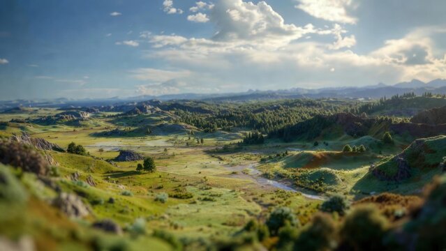 Rolling green hills stretching across sunlit valley landscape
