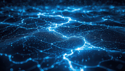 Fototapeta premium Glowing blue network lines forming digital landscape with flowing energy and depth
