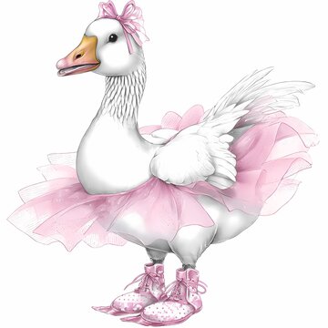 Supercute goose in a pink ballerina outfit shows off dance moves in a bright and happy setting during a sunny day Generative AI