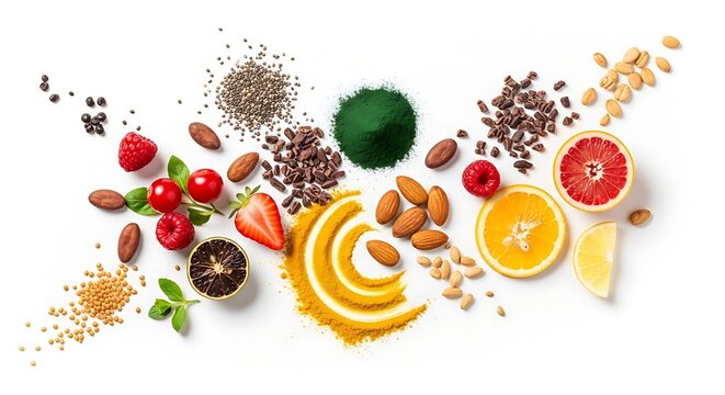 Assortment of healthy superfoods including berries, nuts, seeds, citrus fruits, turmeric powder, and spirulina powder arranged on a clean white background
