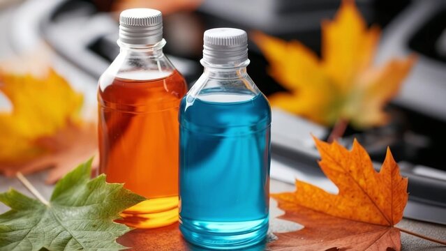 Car fluids in plastic bottles with autumn leaves on background near engine bay. Bottles of antifreeze and windshield washer fluid beside an open engine compartment