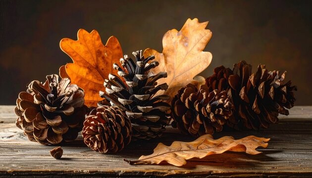 A beautiful rustic still life composition featuring dry autumn oak leaves and various pine cones arranged on a weathered wooden surface background.