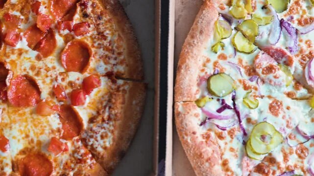 Two pizzas are displayed side by side in a casual setting. One features pepperoni toppings while the other includes pickles and onions, highlighting different tastes