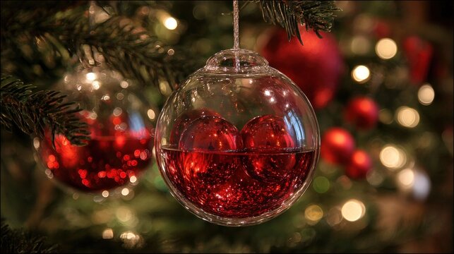 Transparent christmas ornament with vibrant red objects on a festive tree