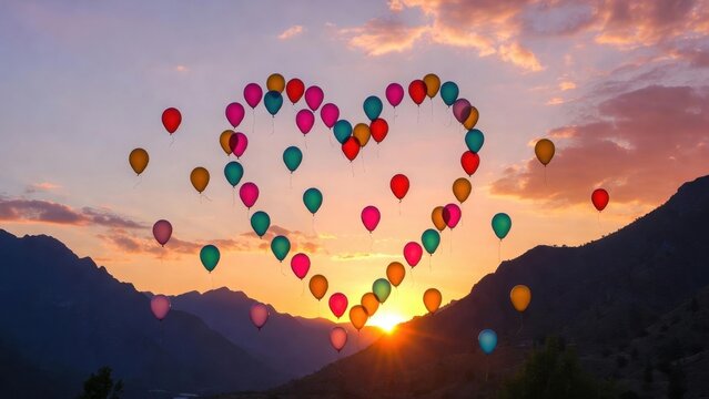 Heart shaped balloons floating above mountain valley at sunset