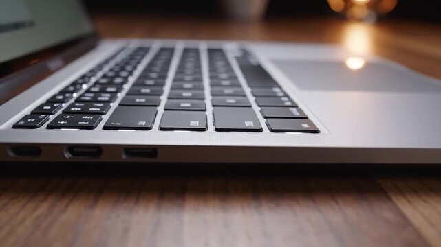 Close-up shot of a modern portable computer on a wooden surface, showcasing its sleek design and connectivity ports for various devices