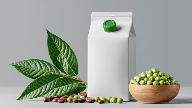 White carton with green cap positioned next to bowl of green beans and coffee beans, surrounded by large green leaves on a light gray surface