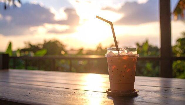 A refreshing iced coffee in a plastic cup sitting on a wooden table at sunset with a beautiful nature background for a relaxing break.